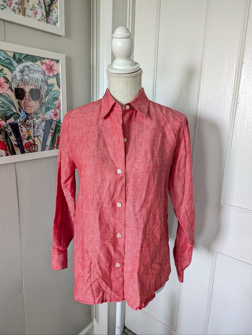 Lizā Claiborne Lizsport Pink /Red Linen Shirt Sz P Petite Button Up Coastal